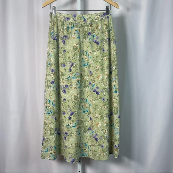 Item Eyes Small Floral Satin Midi Skirt Vintage A Line Boho Chic Olive Green - Picture 2 of 6
